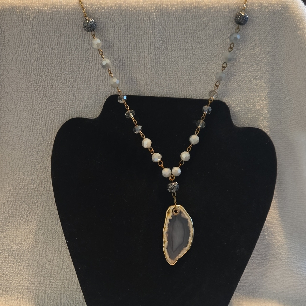 30" Gold and Gray, Black and White Beaded Necklace with Agate Style Pendant